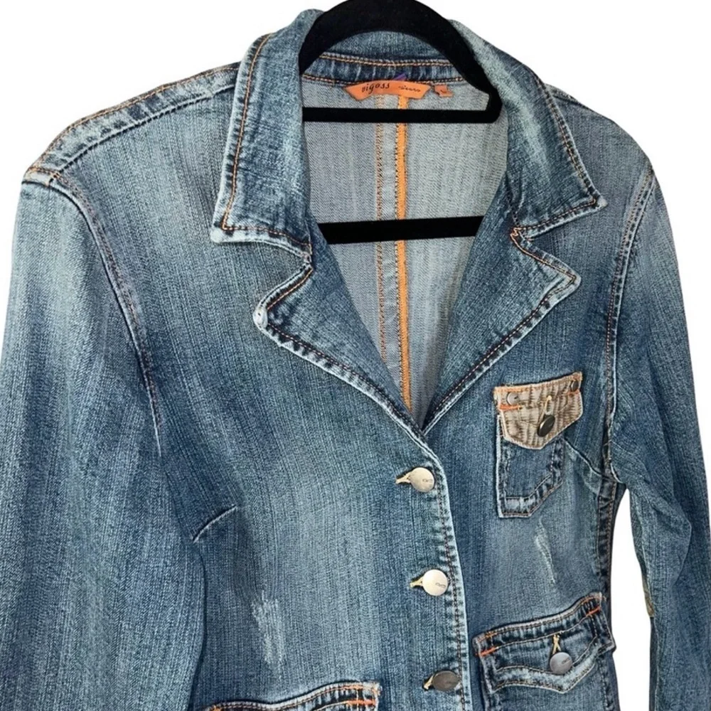 Vigoss Jeans Distressed Corduroy Patches Blue and Tan Utility‎ Denim Jean Jacket